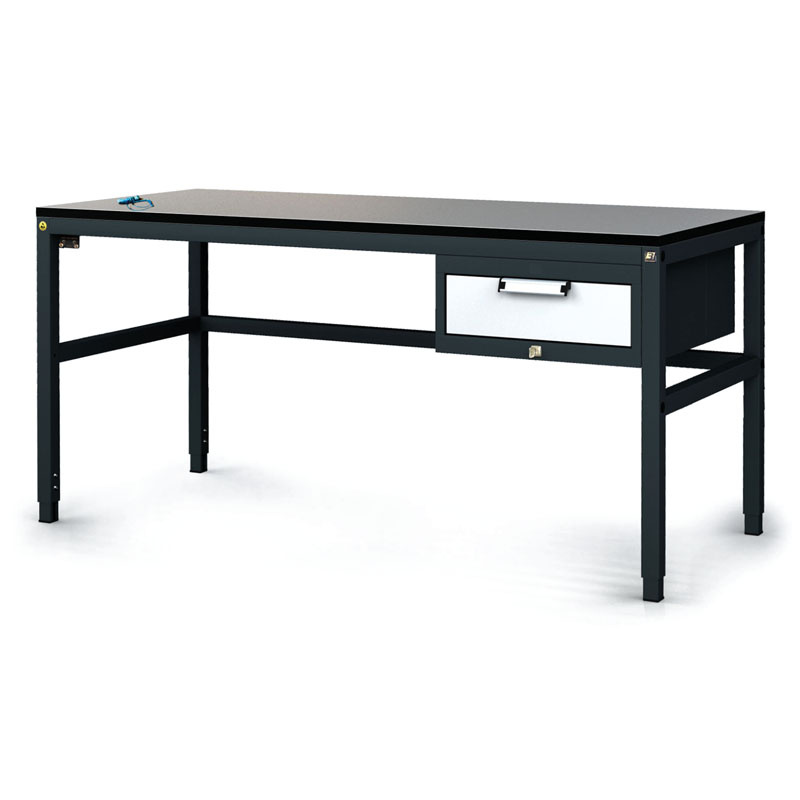 Fotografia produktu: Antistatický dielenský ESD stôl, 1 zásuvkový box na náradie, 1600x800x745-985 mm
