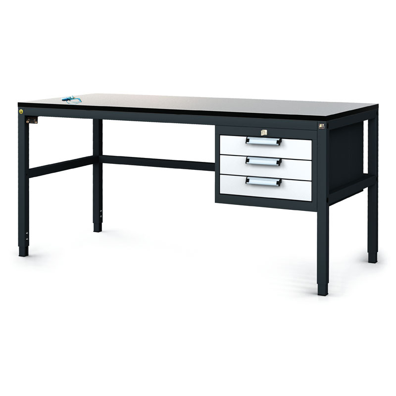 Fotografia produktu: Antistatický dielenský ESD stôl, 3 zásuvkový box na náradie, 1600x800x745-985 mm