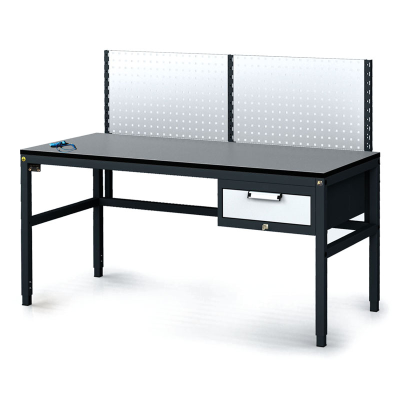Fotografia produktu: Antistatický dielenský ESD stôl s perfopanelom, 1 zásuvkový box na náradie, 1600x800x745-985 mm