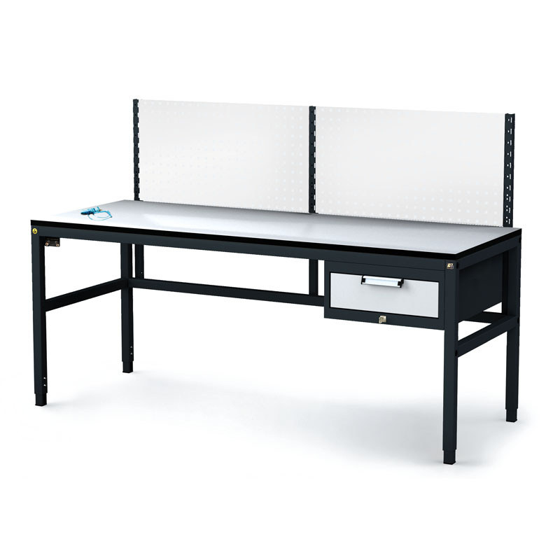 Fotografia produktu: Antistatický dielenský ESD stôl s perfopanelom, 1 zásuvkový box na náradie, 1800x800x745-985 mm