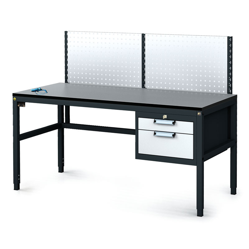 Fotografia produktu: Antistatický dielenský ESD stôl s perfopanelom, 2 zásuvkový box na náradie, 1600x800x745-985 mm