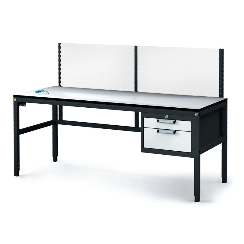 Fotografia produktu: Antistatický dielenský ESD stôl s perfopanelom, 2 zásuvkový box na náradie, 1800x800x745-985 mm