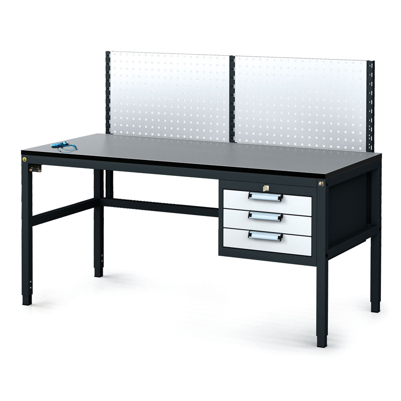 Fotografia produktu: Antistatický dielenský ESD stôl s perfopanelom, 3 zásuvkový box na náradie, 1600x800x745-985 mm