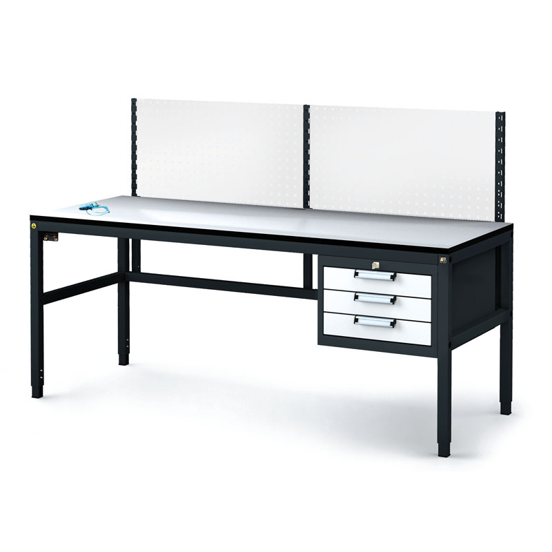 Fotografia produktu: Antistatický dielenský ESD stôl s perfopanelom, 3 zásuvkový box na náradie, 1800x800x745-985 mm