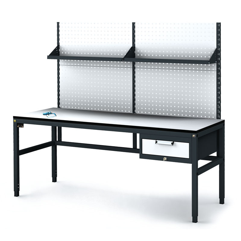 Fotografia produktu: Antistatický dielenský ESD stôl s perfopanelom a policami, 1 zásuvkový box na náradie, 1800x800x745-985 mm