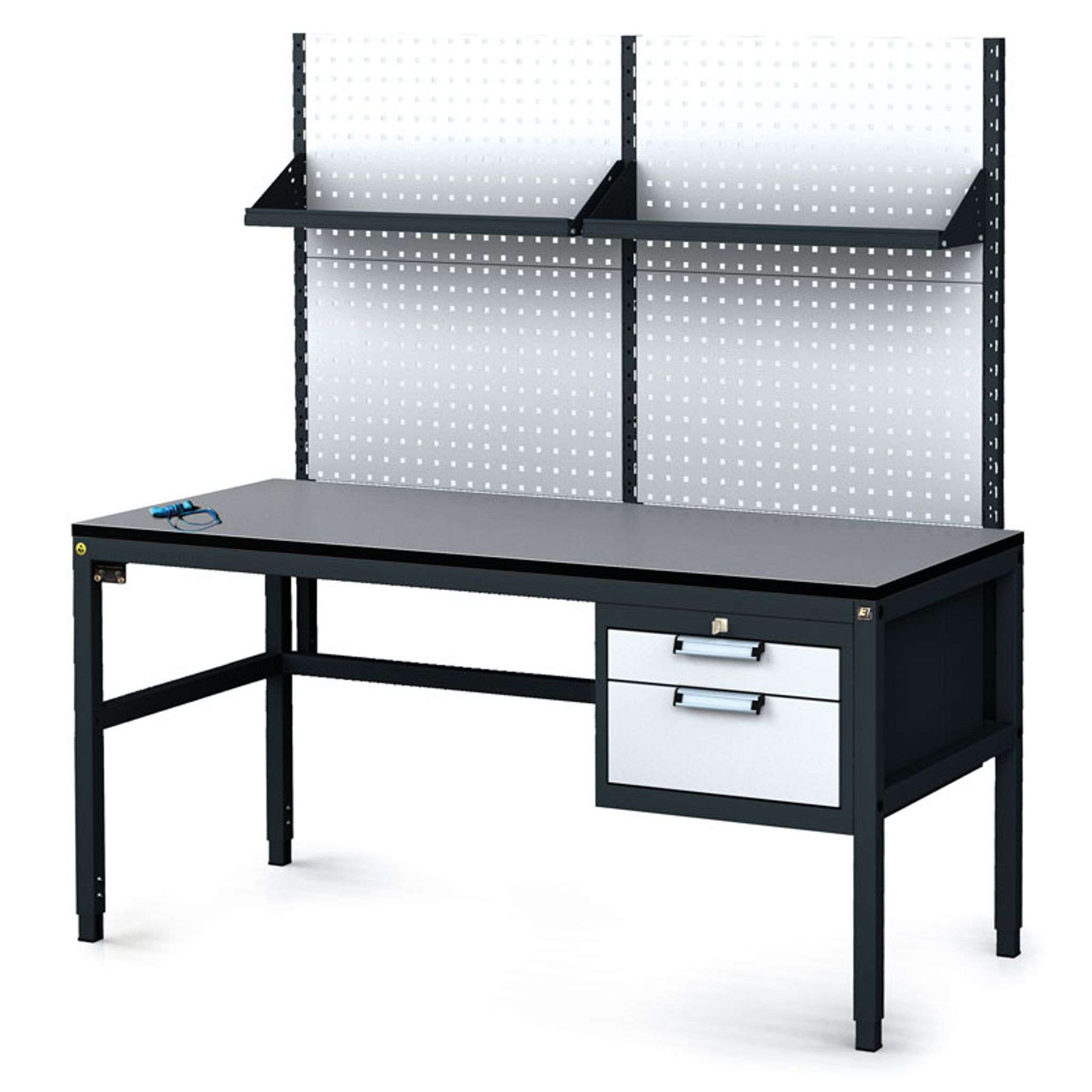 Antistatický dielenský ESD stôl s perfopanelom a policami, 2 zásuvkový box na náradie, 1600x800x745-985 mm