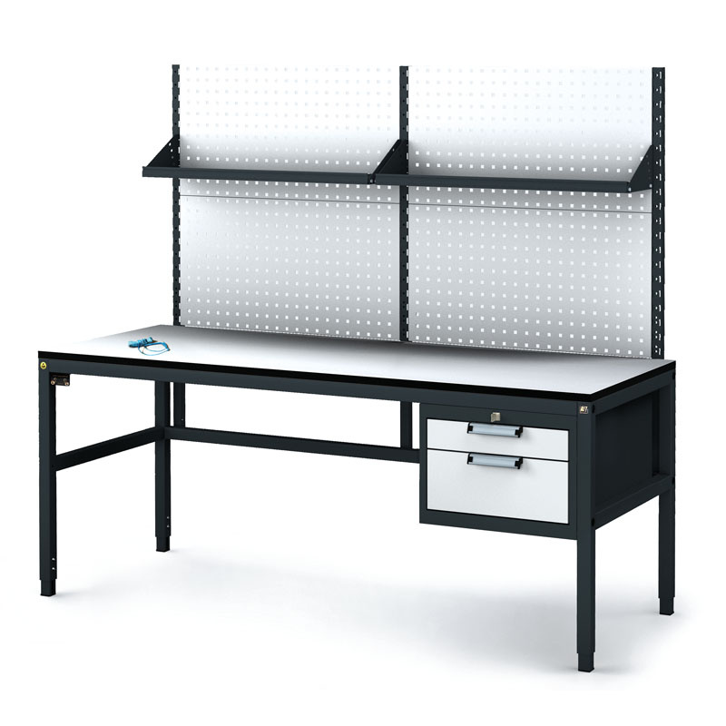 Fotografia produktu: Antistatický dielenský ESD stôl s perfopanelom a policami, 2 zásuvkový box na náradie, 1800x800x745-985 mm