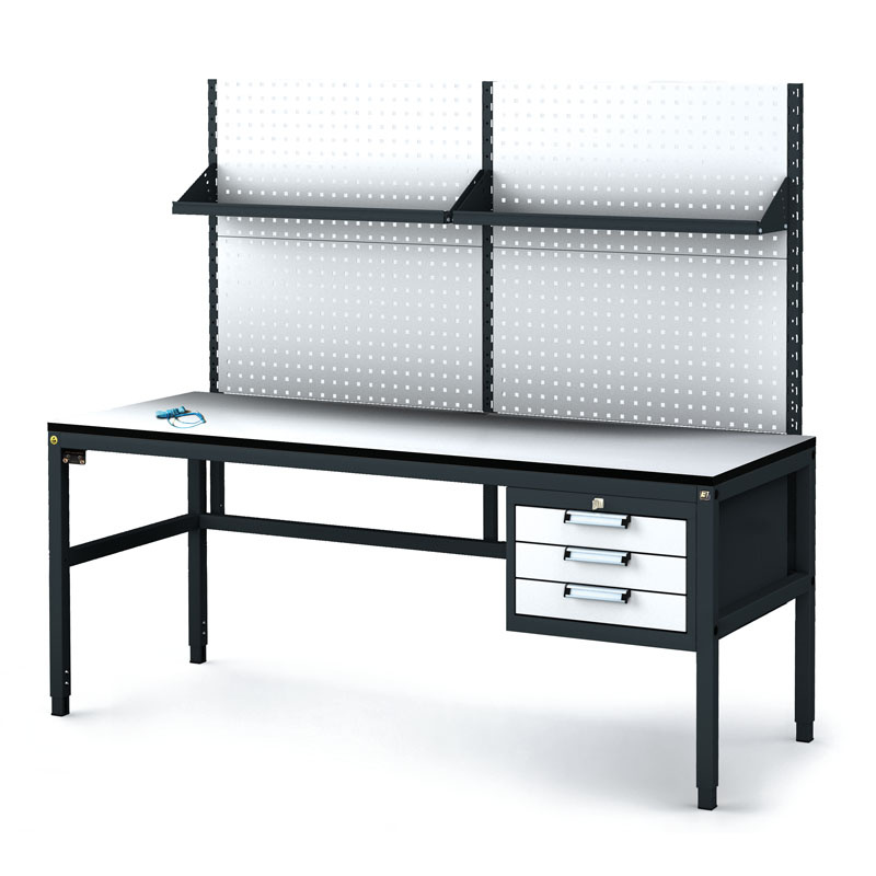 Fotografia produktu: Antistatický dielenský ESD stôl s perfopanelom a policami, 3 zásuvkový box na náradie, 1800x800x745-985 mm