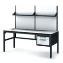 Antistatische ESD-Werkbank mit Lochplatte und Regalböden, 2 Werkzeugkästen mit Schubladen, 1800x800x745-985 mm