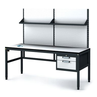Antistatische ESD-Werkbank mit Lochplatte und Regalböden, 2 Werkzeugkästen mit Schubladen, 1800x800x745-985 mm