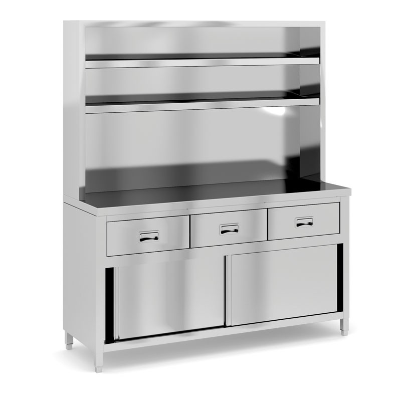 B2B Partner Arbeitstisch aus Edelstahl mit Schrank, Schubladen und Regalen, 1800 x 700 x 1850 mm