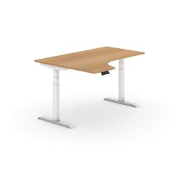 Biurko z elektryczną regulacją wysokości, 625-1275 mm, ergonomiczne lewe, blat 1600x1200 mm, buk, biała podstawa