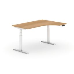 Biurko z elektryczną regulacją wysokości, 625-1275 mm, ergonomiczne prawe, blat 1600x1200 mm, buk, biała podstawa