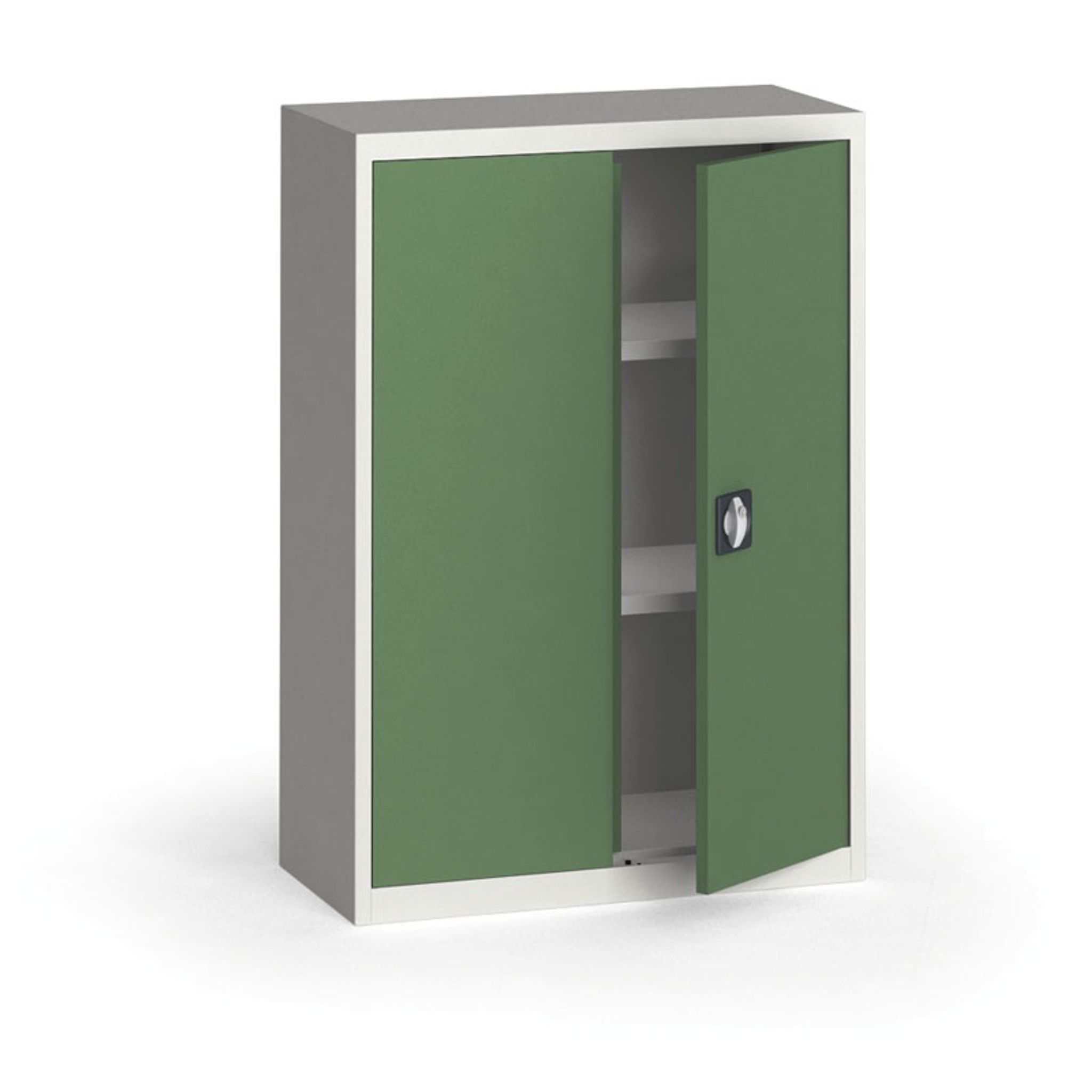 Blechschrank, 1150 x 800 x 400 mm, 2 Regalböden, grau/grün