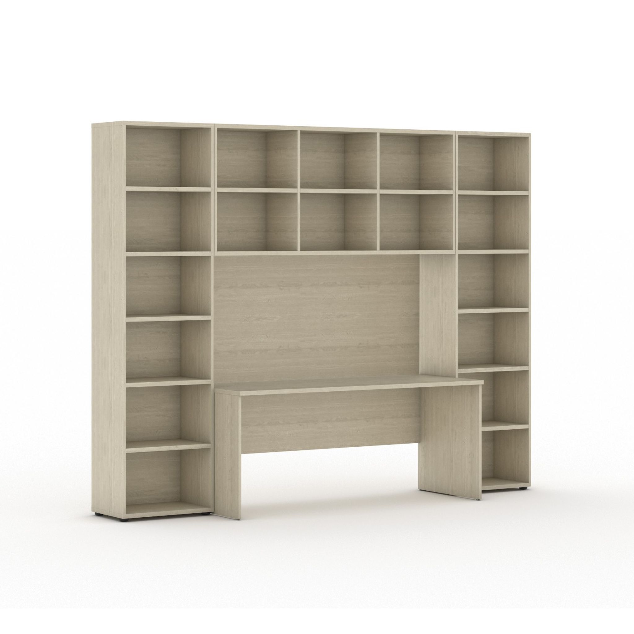 Bücherwand INTEGRO mit integriertem Tisch, hoch, 2950 x 700/400 x 2300, Eiche natur