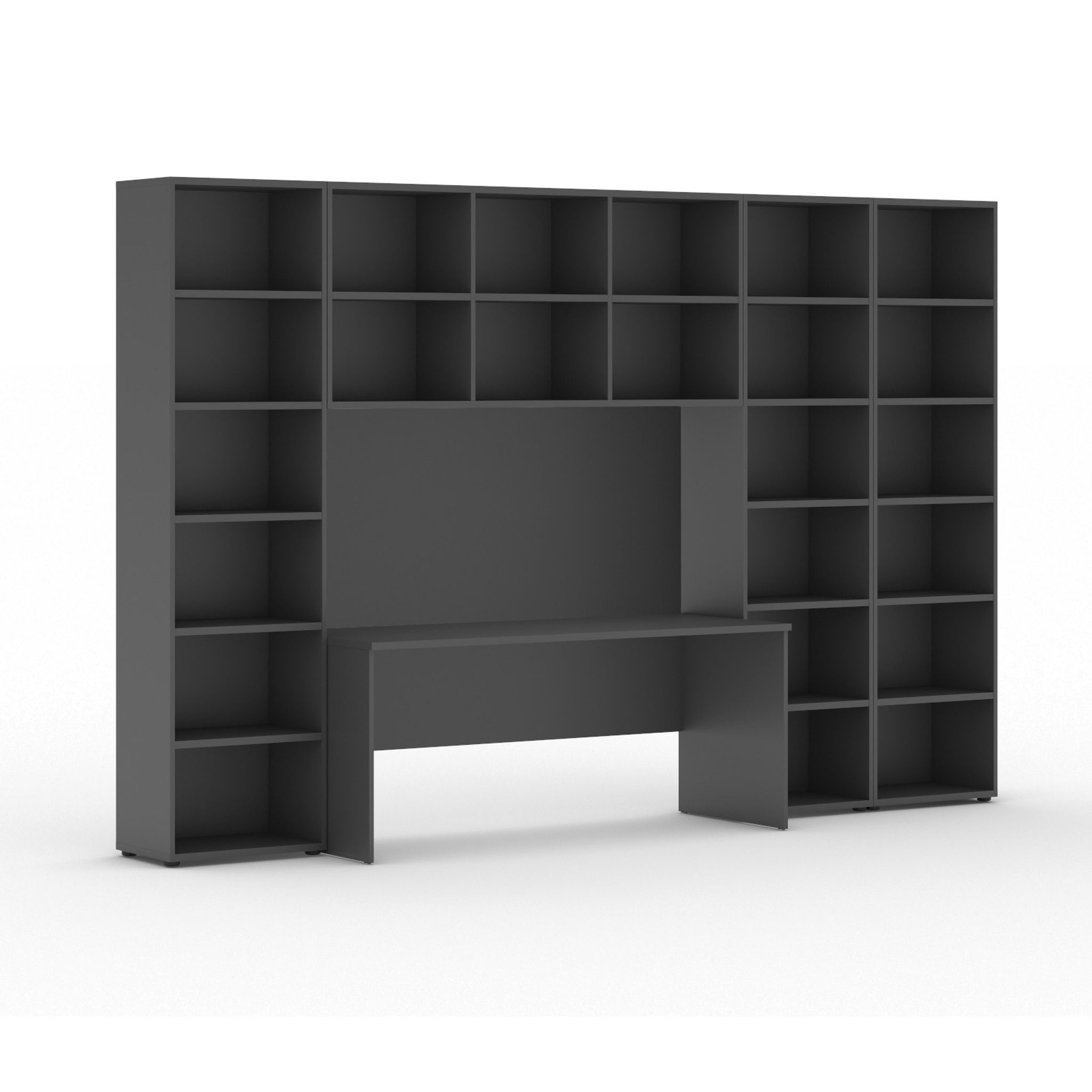 Bücherwand INTEGRO mit integriertem Tisch, höher/breiter, 3550 x 700/400 x 2300, Graphit