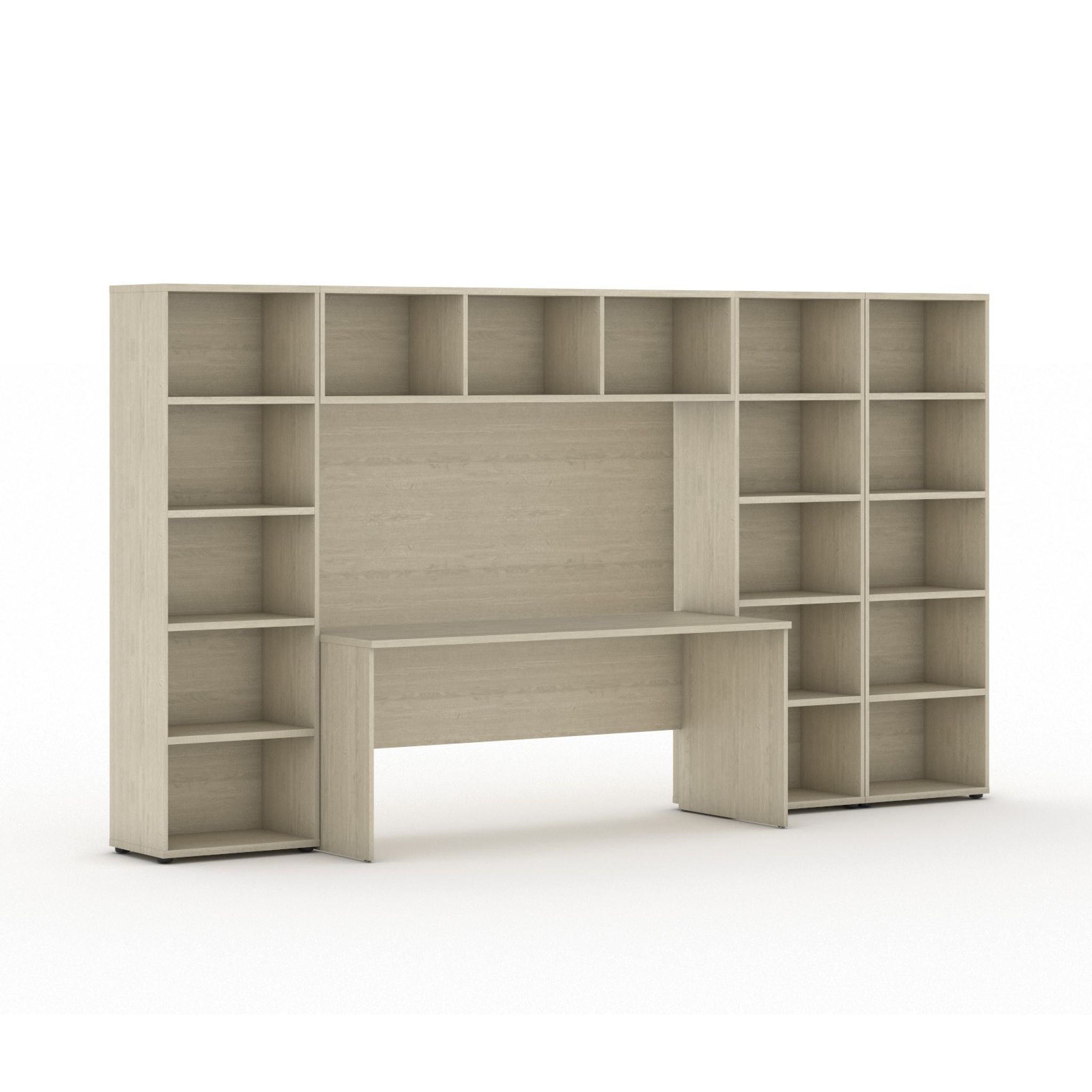Bücherwand INTEGRO mit integriertem Tisch, niedrig/breit, 3350 x 700/400 x 1920, Eiche natur