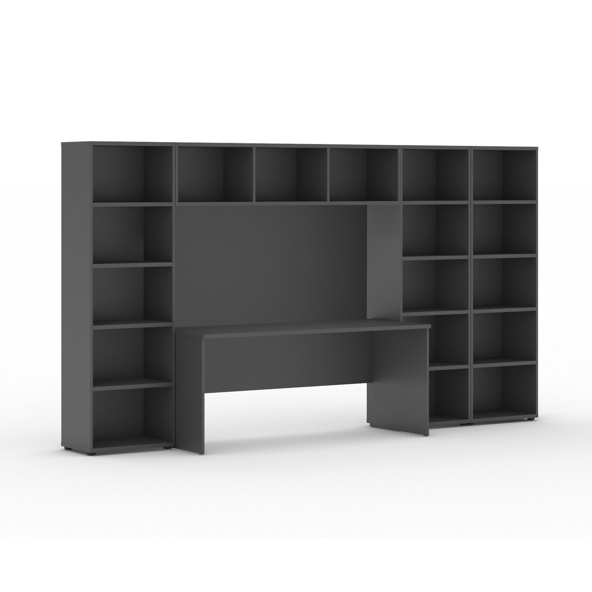 Bücherwand INTEGRO mit integriertem Tisch, niedrig/breit, 3350 x 700/400 x 1923, Graphit