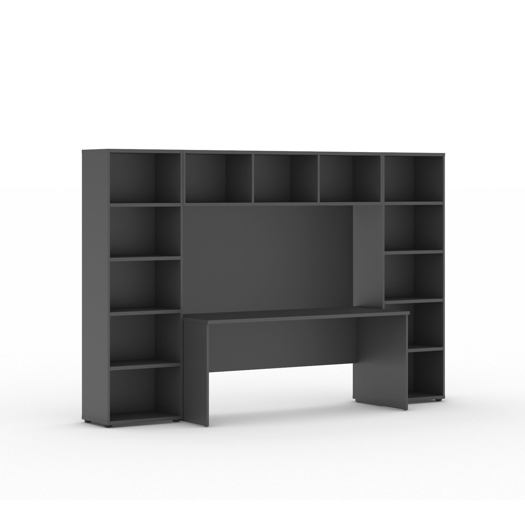 Bücherwand INTEGRO mit Tisch, niedrig, 2950 x 700/400 x 1923, Graphit