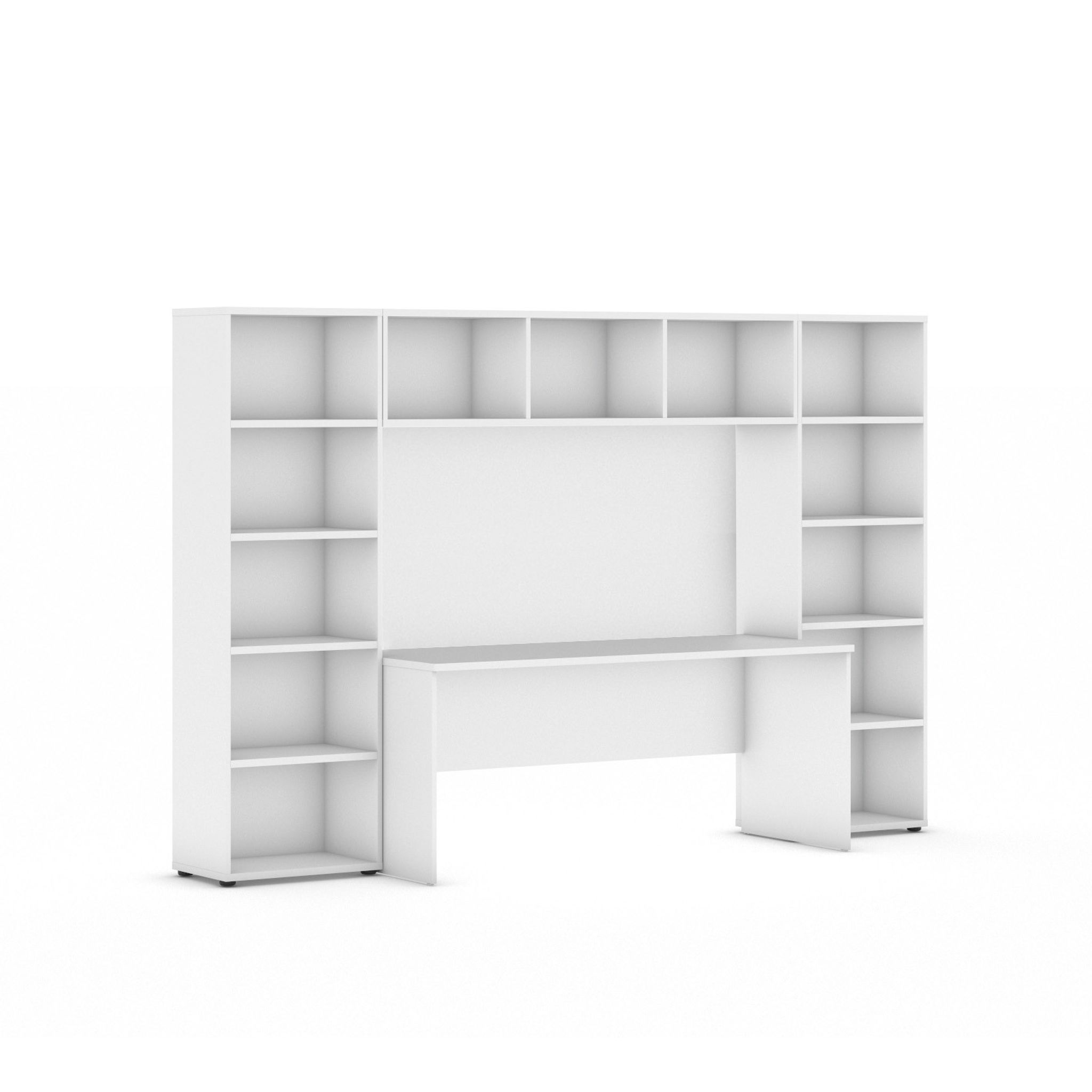 Bücherwand INTEGRO mit Tisch, niedrig, 2950 x 700/400 x 1923, weiß