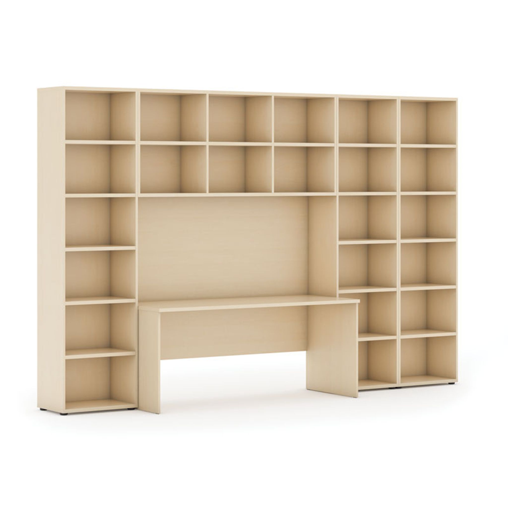Bücherwand mit integriertem Tisch, hoch/breit, 3550 x 700/400 x 2300, Birke