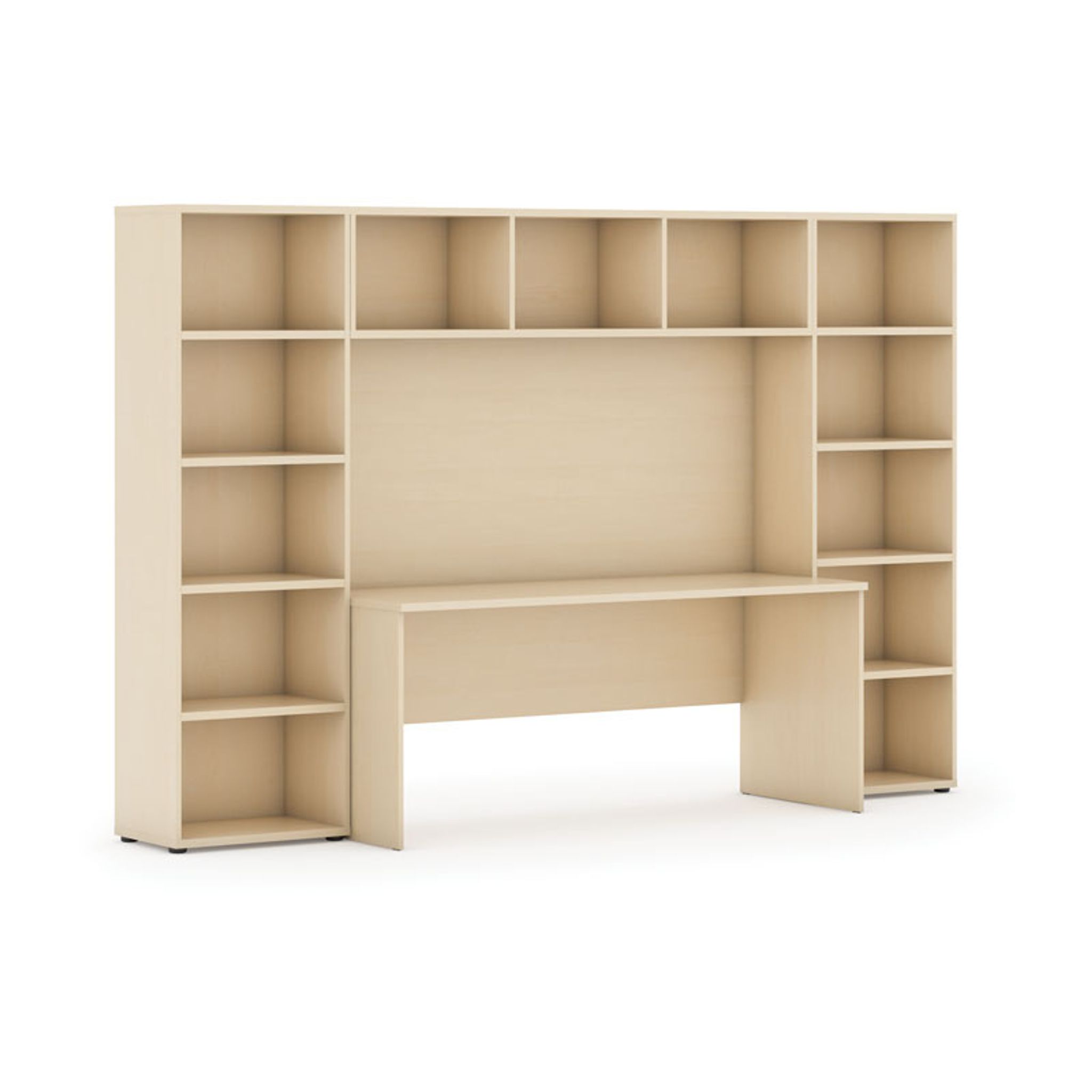 Bücherwand mit integriertem Tisch, niedrig, 2950 x 700/400 x 1923, Birke