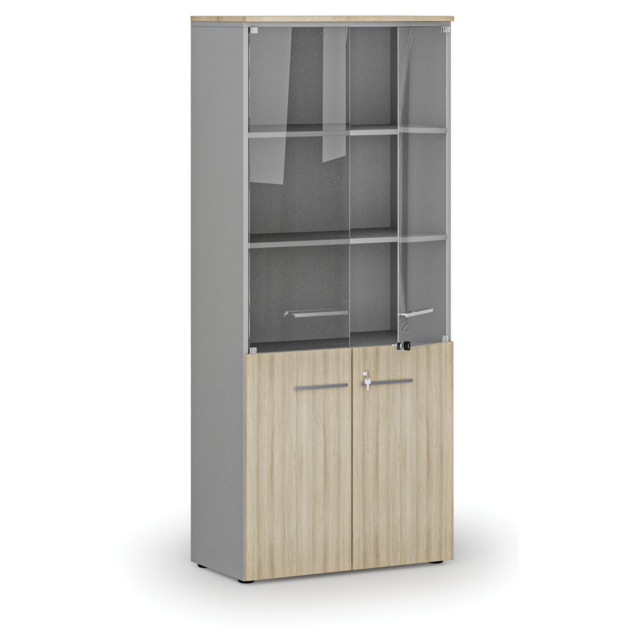Büro-Kombischrank mit Holz- und Glastür PRIMO GRAY, 800 x 420 x 1781 mm, grau/natur Eiche