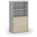 Büro-Kombischrank PRIMO GRAY, Schiebetür auf 2 Etagen, 1434 x 800 x 420 mm, Grau/Eiche natur