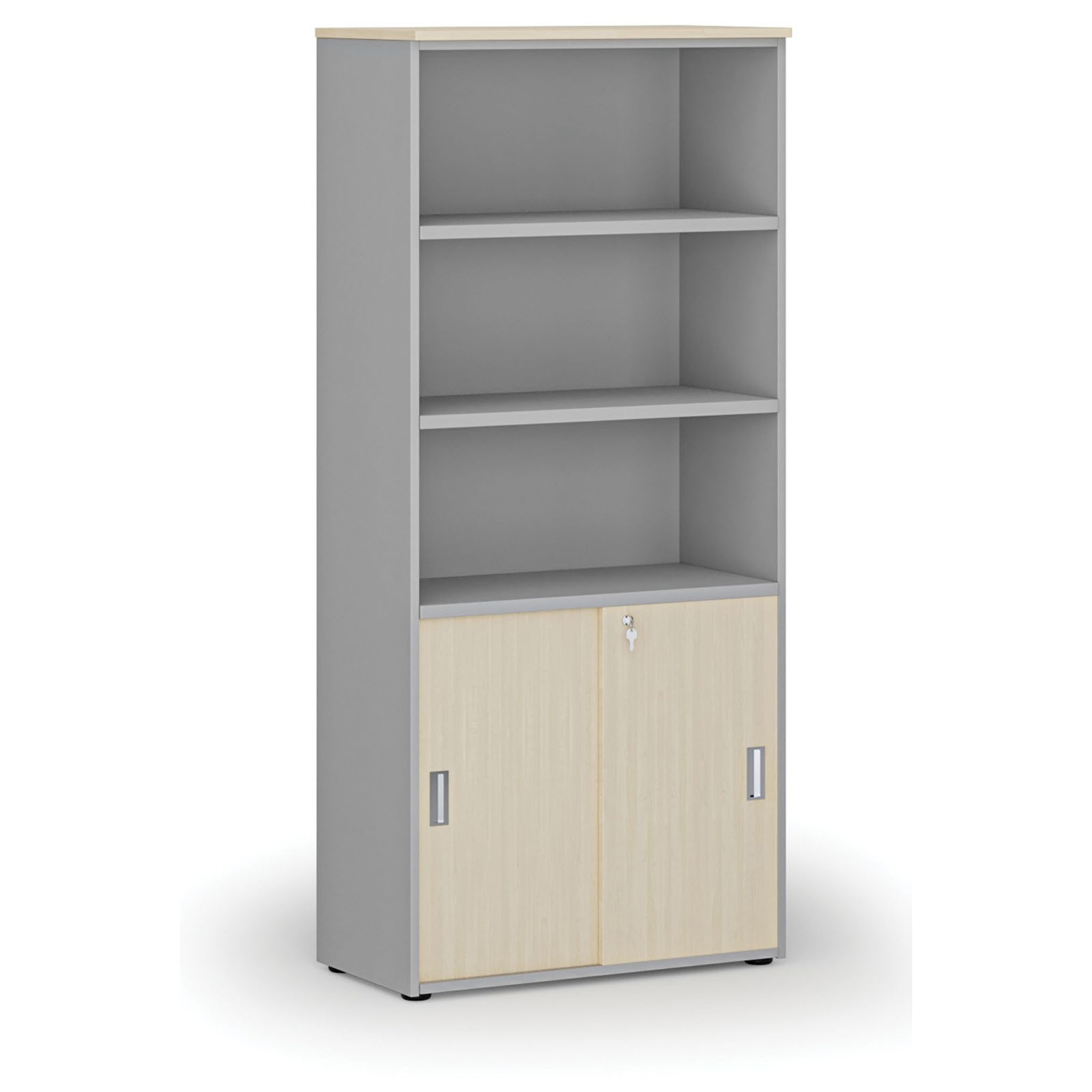 Büro-Kombischrank PRIMO GRAY, Schiebetür auf 2 Etagen, 1781 x 800 x 420 mm, grau/Birke