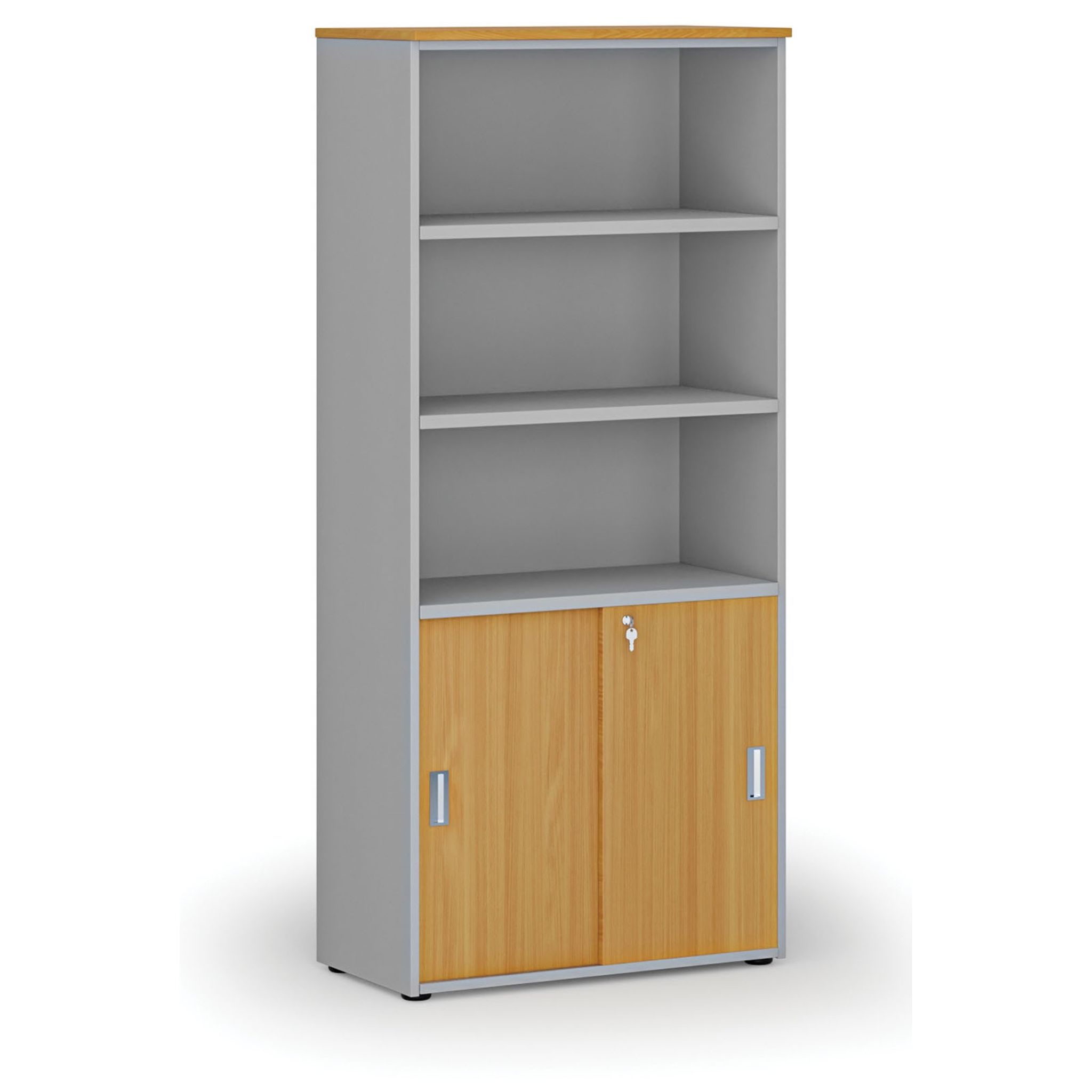 Büro-Kombischrank PRIMO GRAY, Schiebetür auf 2 Etagen, 1781 x 800 x 420 mm, Grau/Buche