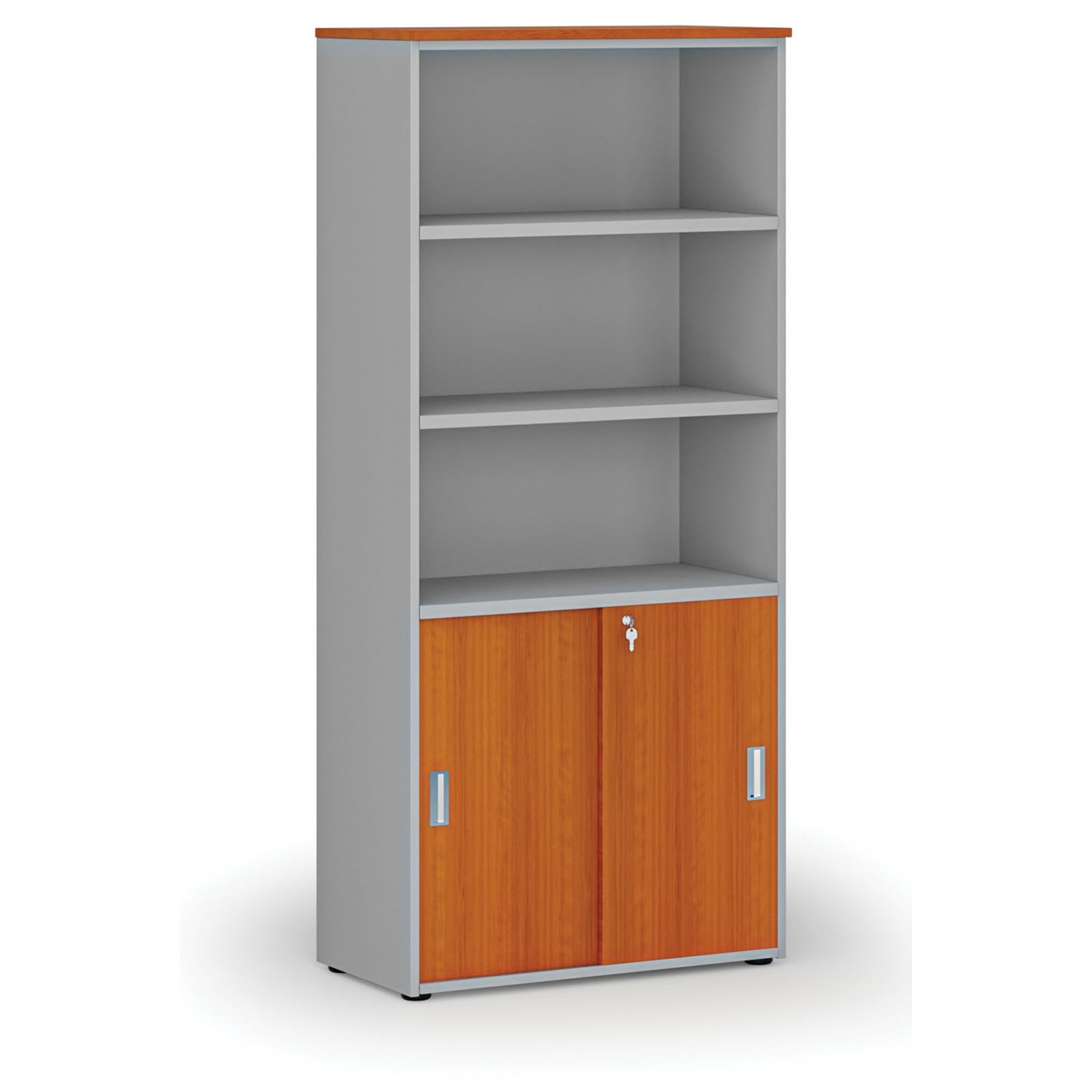 Büro-Kombischrank PRIMO GRAY, Schiebetür auf 2 Etagen, 1781 x 800 x 420 mm, grau/Kirsche