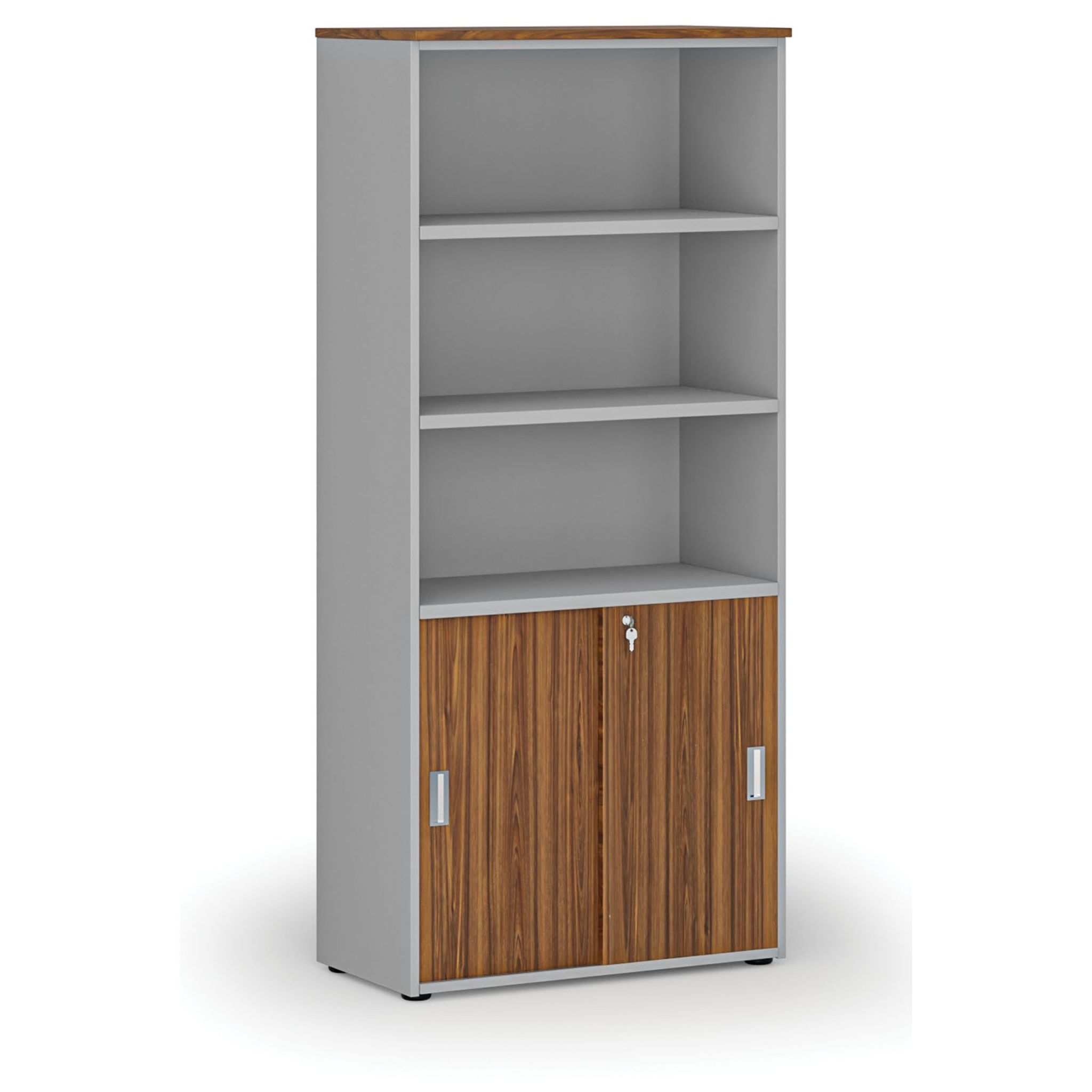 Büro-Kombischrank PRIMO GRAY, Schiebetür auf 2 Etagen, 1781 x 800 x 420 mm, grau/Nussbaum