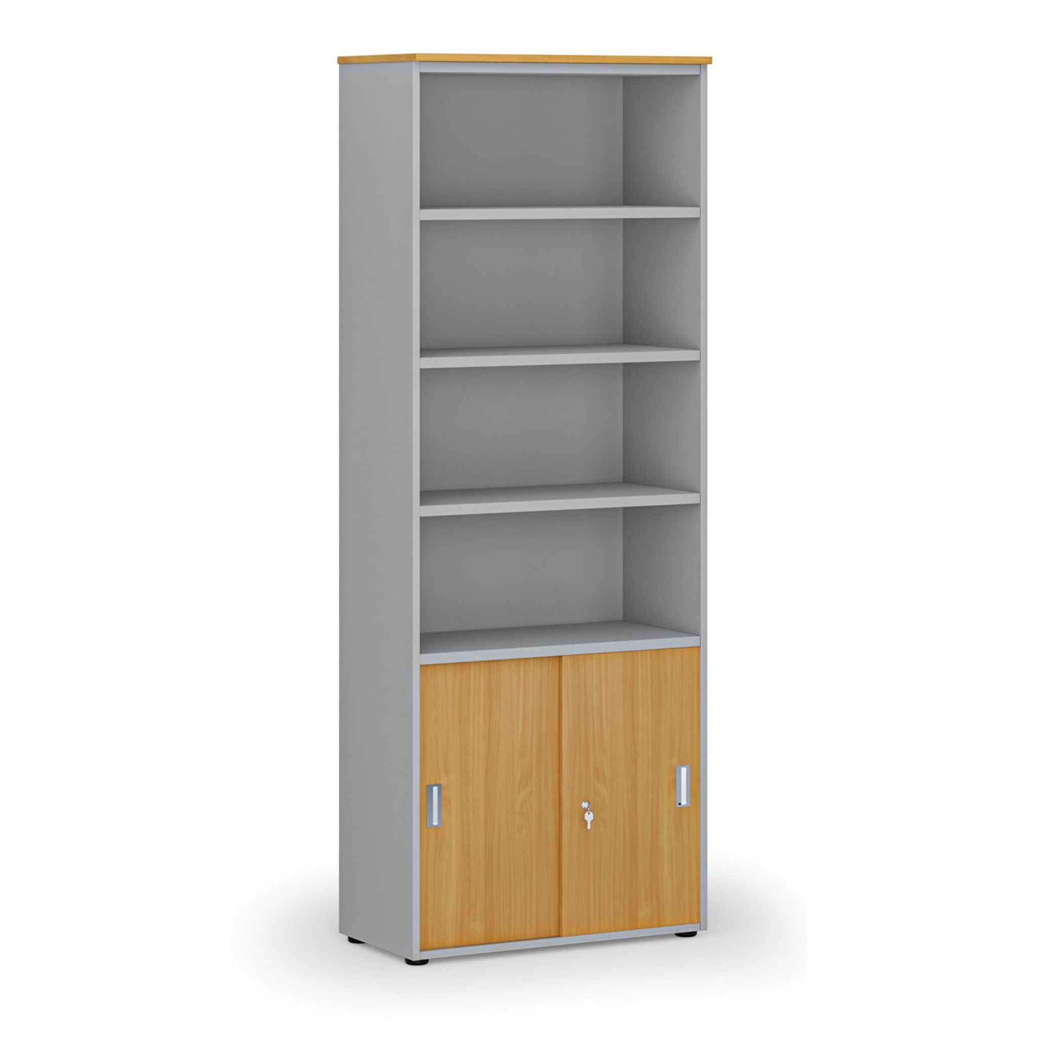 Büro-Kombischrank PRIMO GRAY, Schiebetür auf 2 Etagen, 2128 x 800 x 420 mm, grau/Buche