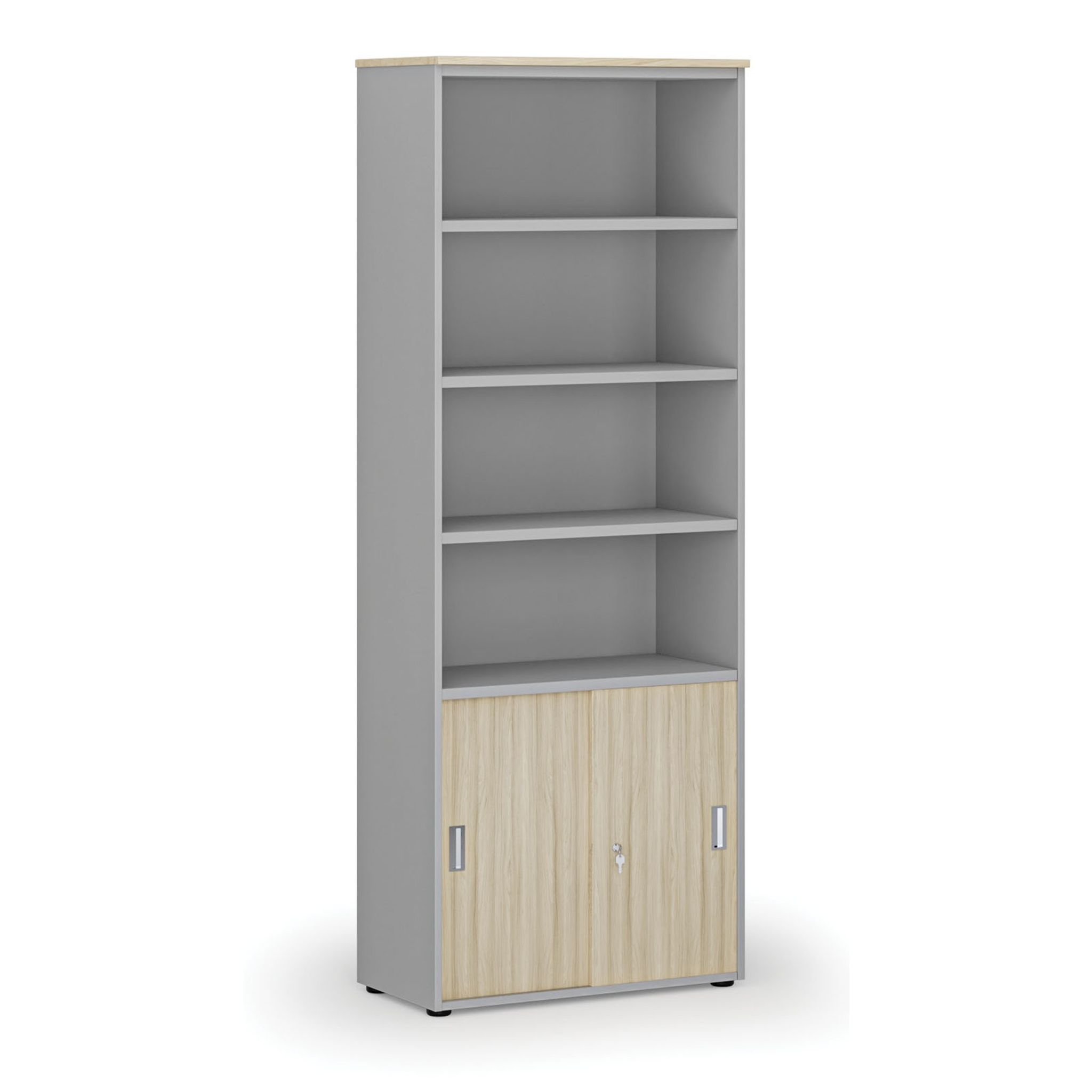 Büro-Kombischrank PRIMO GRAY, Schiebetür auf 2 Etagen, 2128 x 800 x 420 mm, Grau/Eiche natur