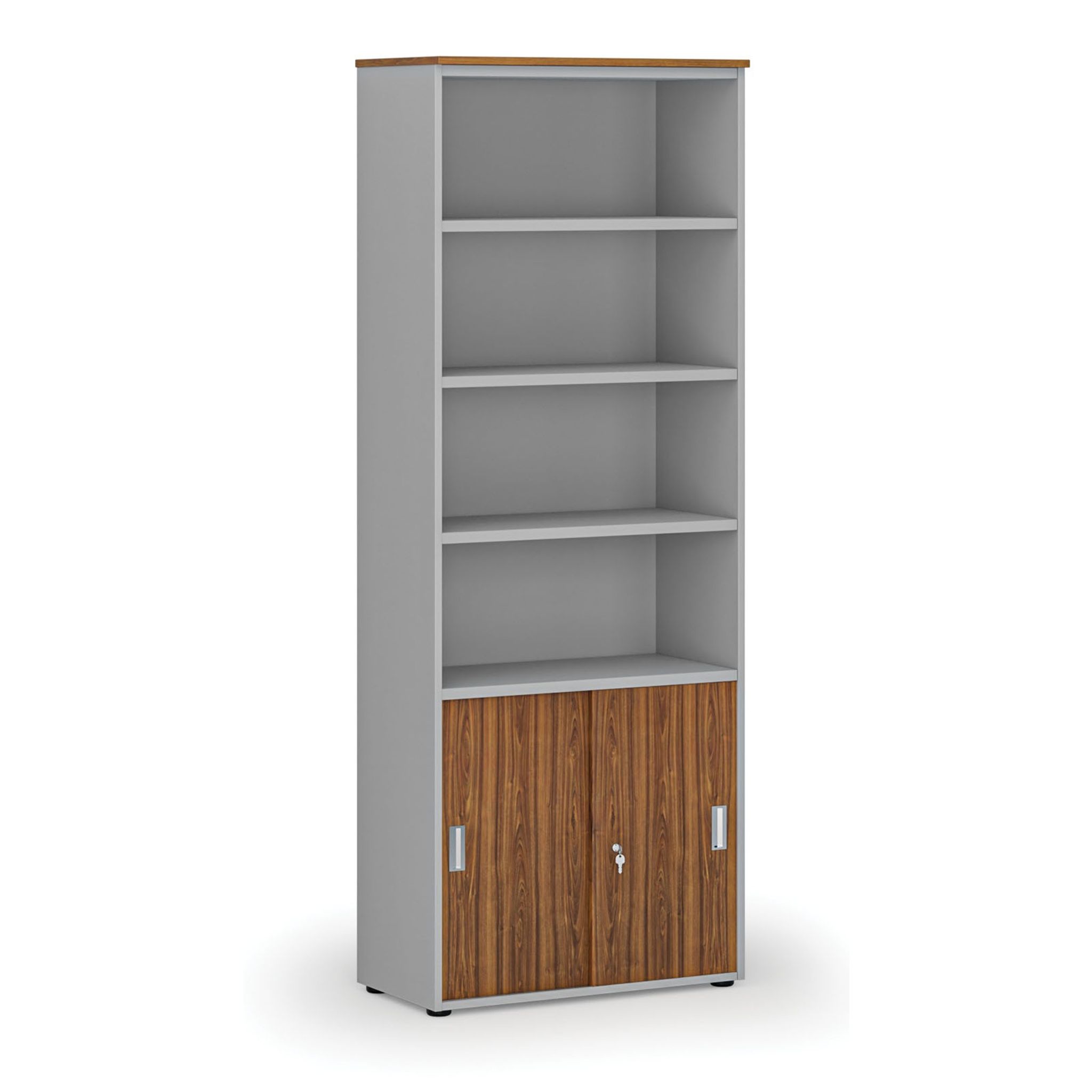 Büro-Kombischrank PRIMO GRAY, Schiebetür auf 2 Etagen, 2128 x 800 x 420 mm, grau/Nussbaum