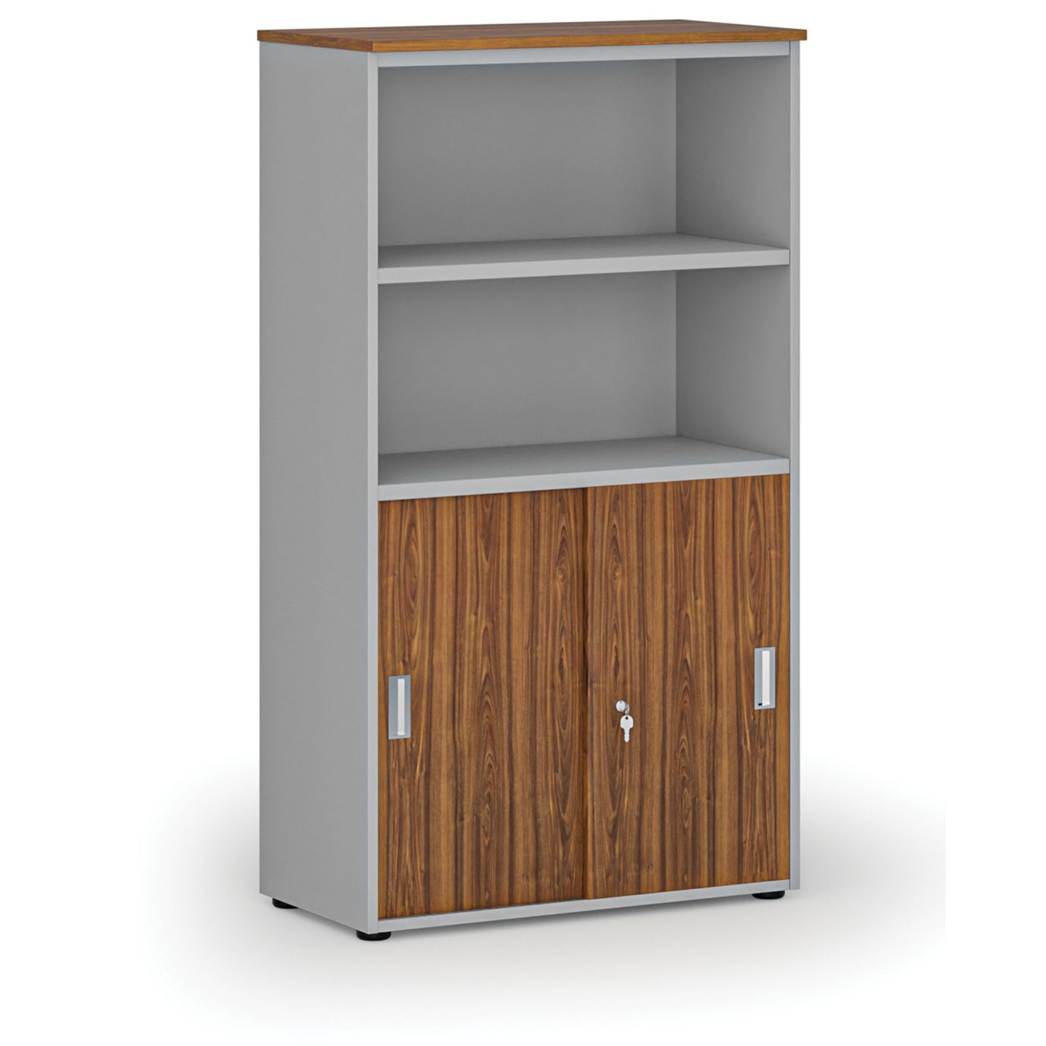 Büro-Kombischrank PRIMO GRAY, Schiebetür auf 2 Etagen, 800 x 420 x 1434 mm, grau/Nussbaum
