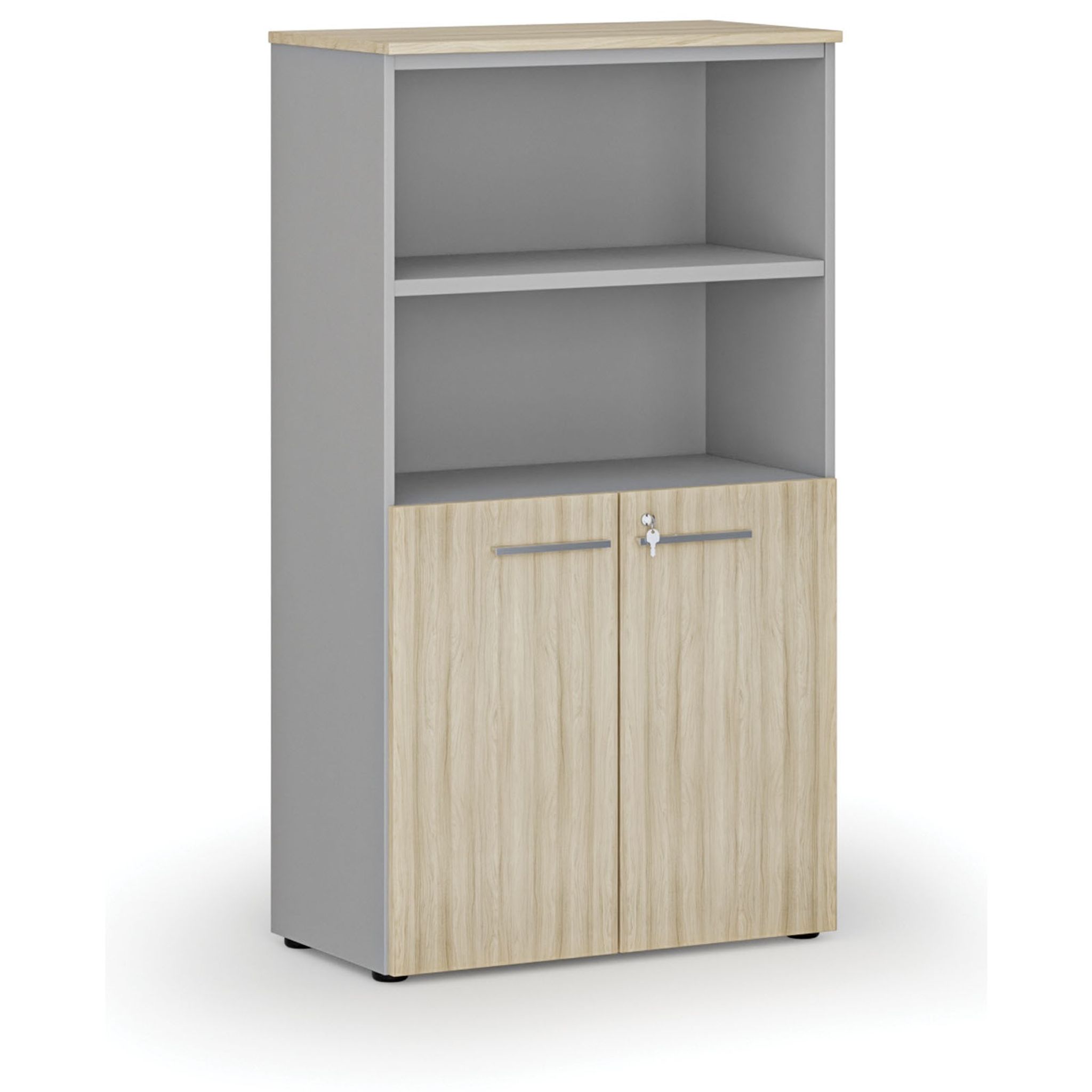 Büro-Kombischrank PRIMO GRAY, Tür auf 2 Etagen, 800 x 420 x 1434 mm, Eiche grau/natur