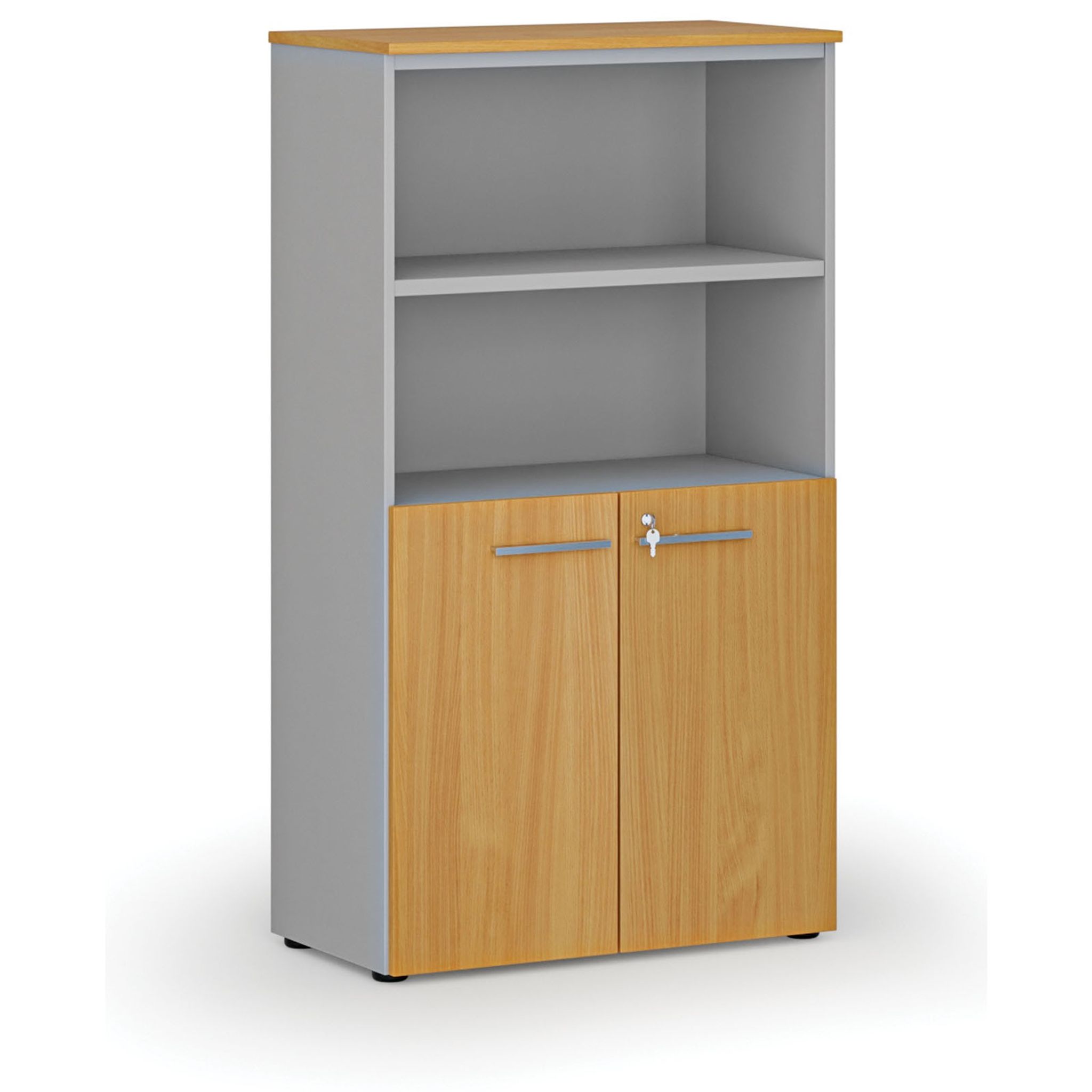 Büro-Kombischrank PRIMO GRAY, Tür auf 2 Etagen, 800 x 420 x 1434 mm, Grau/Buche