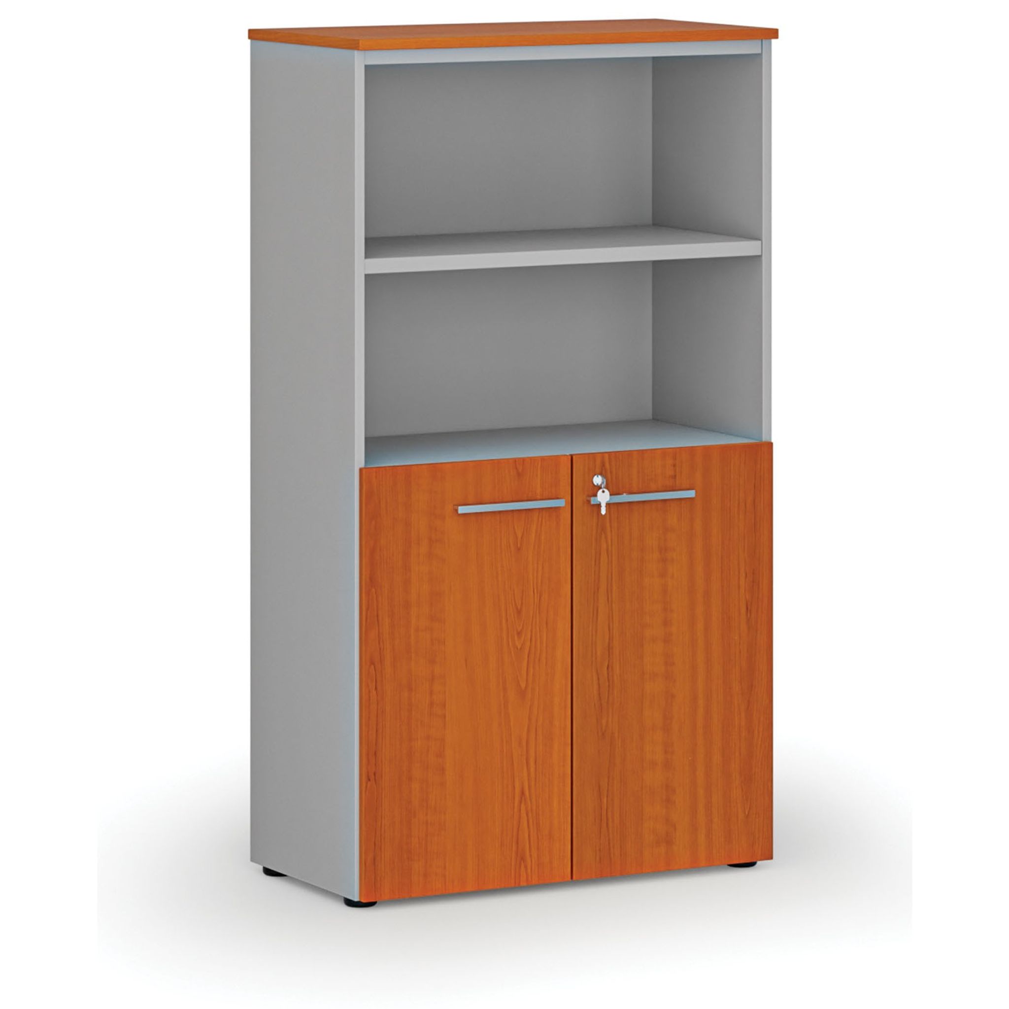 Büro-Kombischrank PRIMO GRAY, Tür auf 2 Etagen, 800 x 420 x 1434 mm, grau/Kirsche