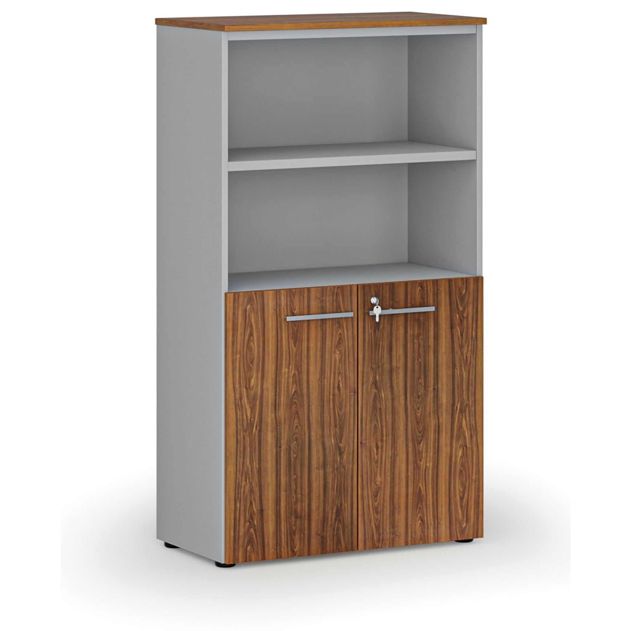 Büro-Kombischrank PRIMO GRAY, Tür auf 2 Etagen, 800 x 420 x 1434 mm, grau/Nussbaum