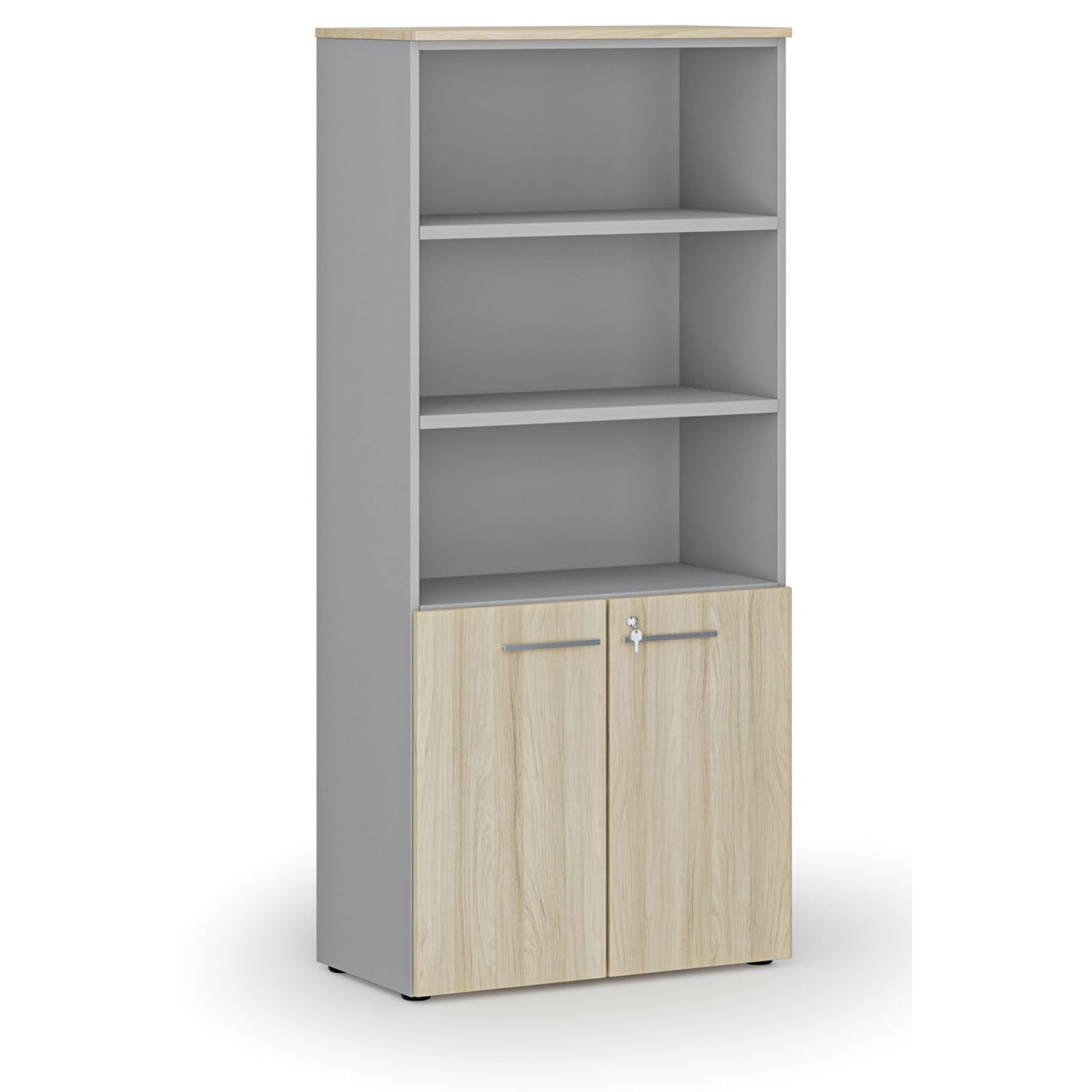 Büro-Kombischrank PRIMO GRAY, Tür auf 2 Etagen, 1781 x 800 x 420 mm, grau/natur Eiche