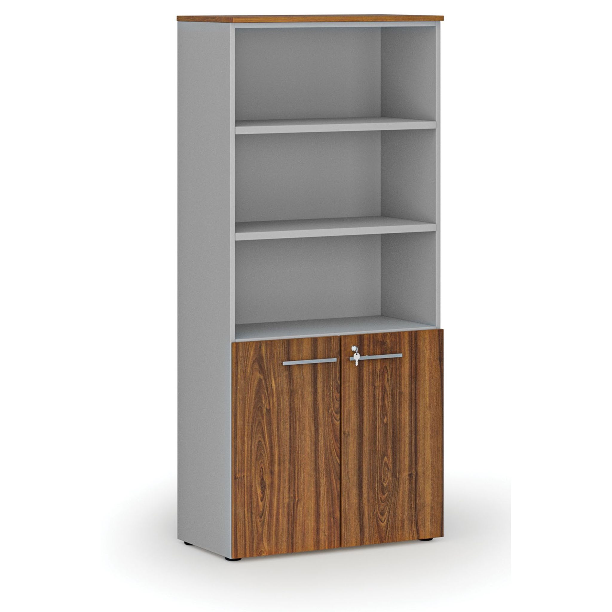 Büro-Kombischrank PRIMO GRAY, Tür auf 2 Etagen, 1781 x 800 x 420 mm, grau/Nussbaum