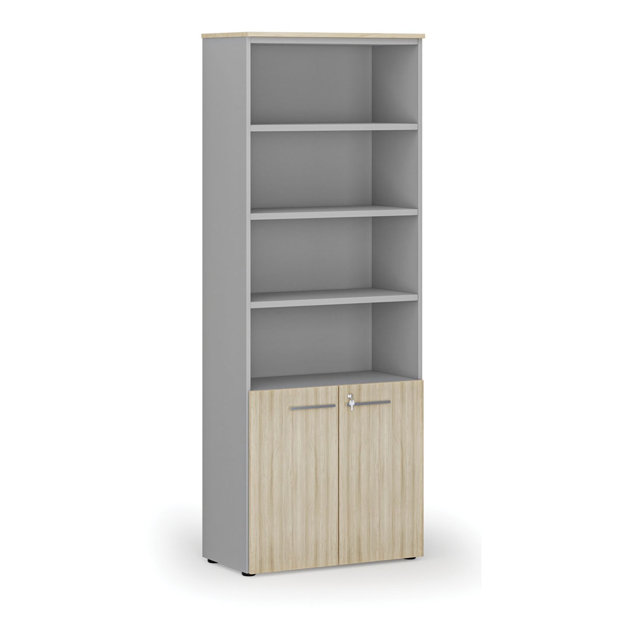 Büro-Kombischrank PRIMO GRAY, Tür auf 2 Etagen, 800 x 420 x 2128 mm, grau/eiche natur