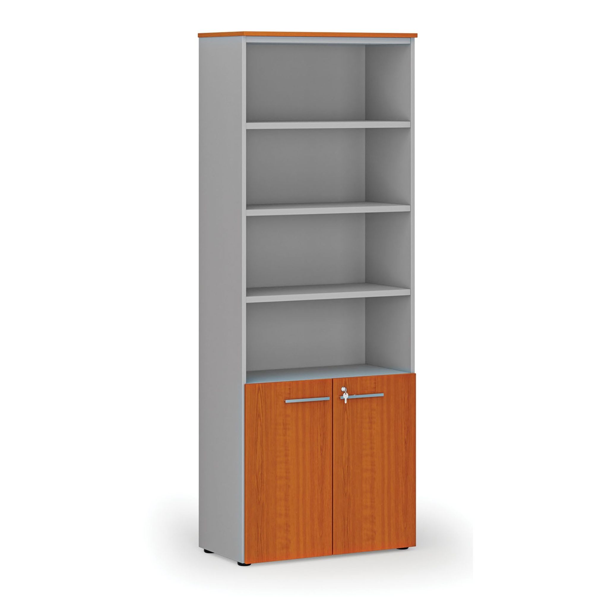 Büro-Kombischrank PRIMO GRAY, Tür auf 2 Etagen, 800 x 420 x 2128 mm, grau/Kirsche