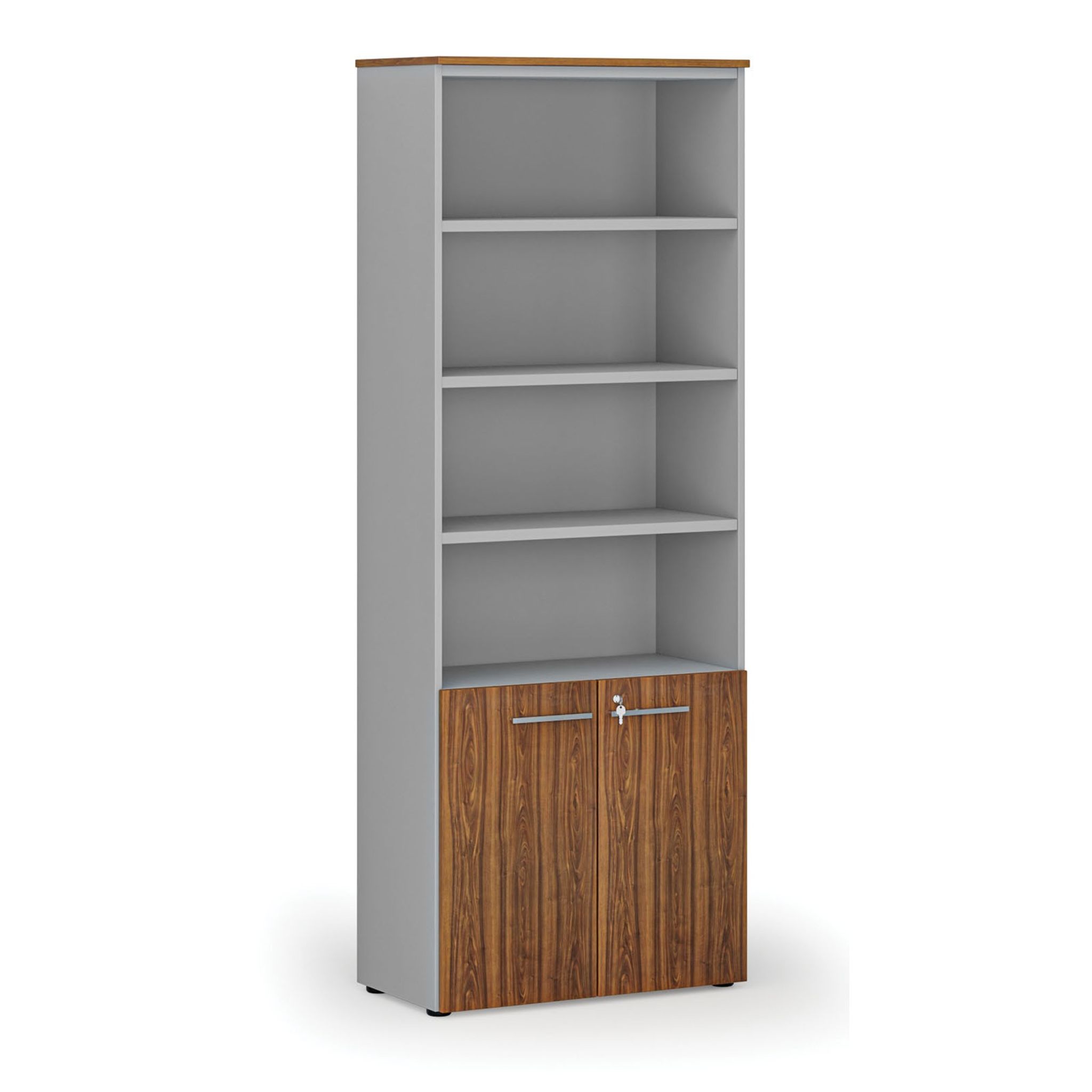 Büro-Kombischrank PRIMO GRAY, Tür auf 2 Etagen, 800 x 420 x 2128 mm, grau/Nussbaum