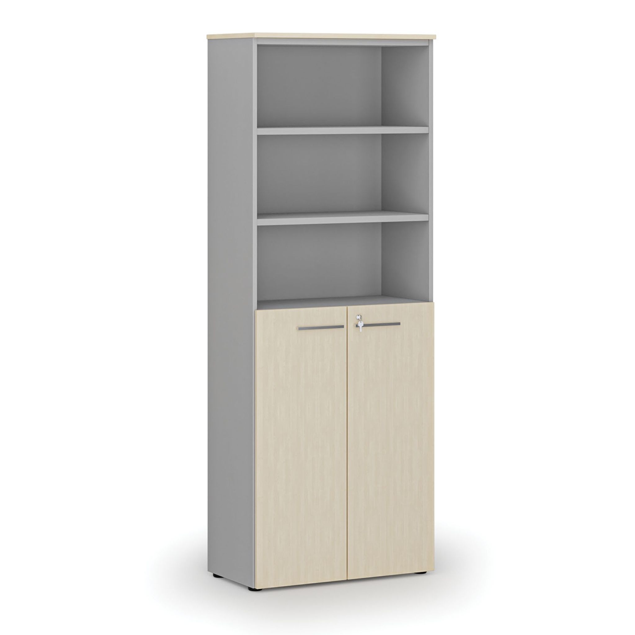 Büro-Kombischrank PRIMO GRAY, Tür auf 3 Etagen, 2128 x 800 x 420 mm, Grau/Birke