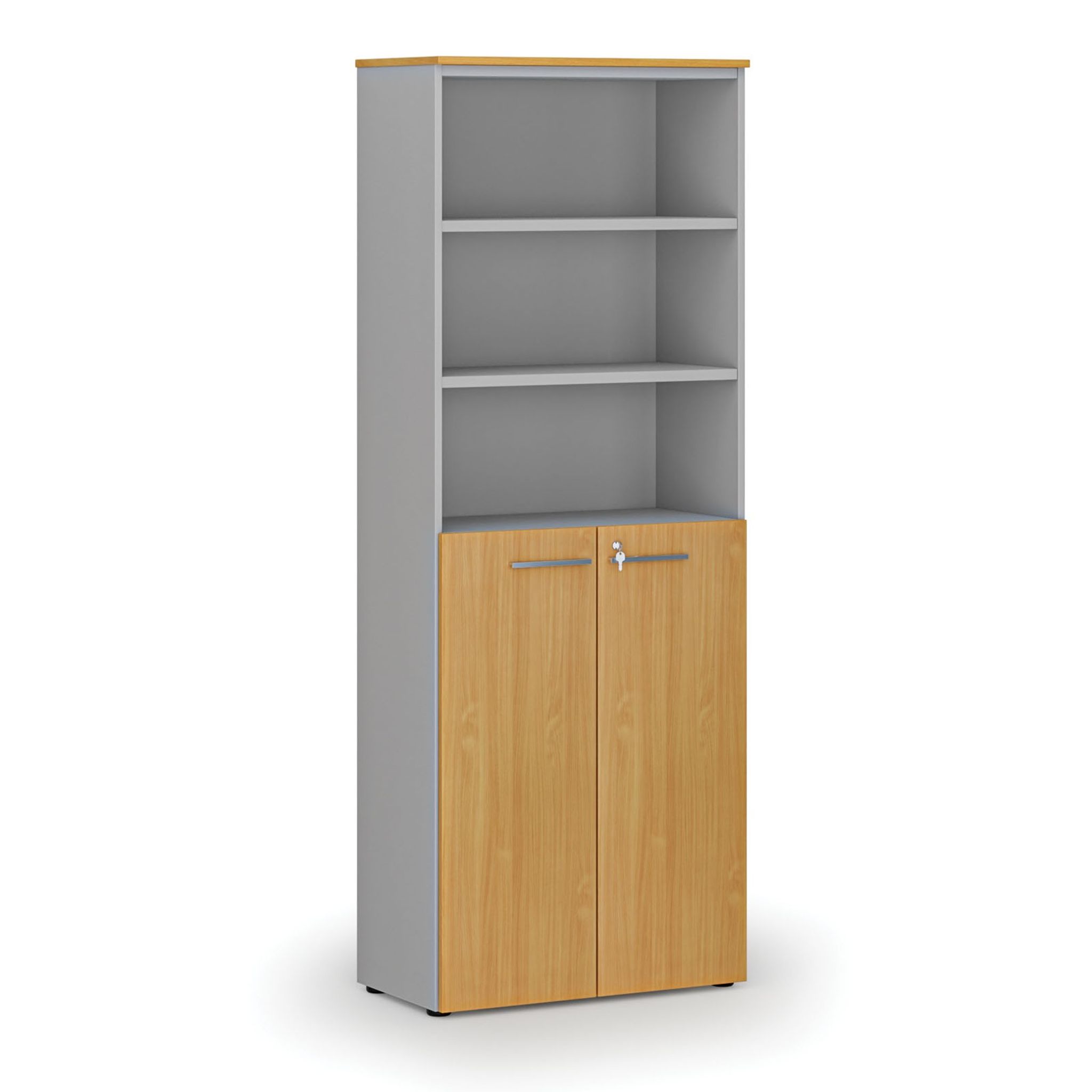 Büro-Kombischrank PRIMO GRAY, Tür auf 3 Etagen, 2128 x 800 x 420 mm, grau/Buche