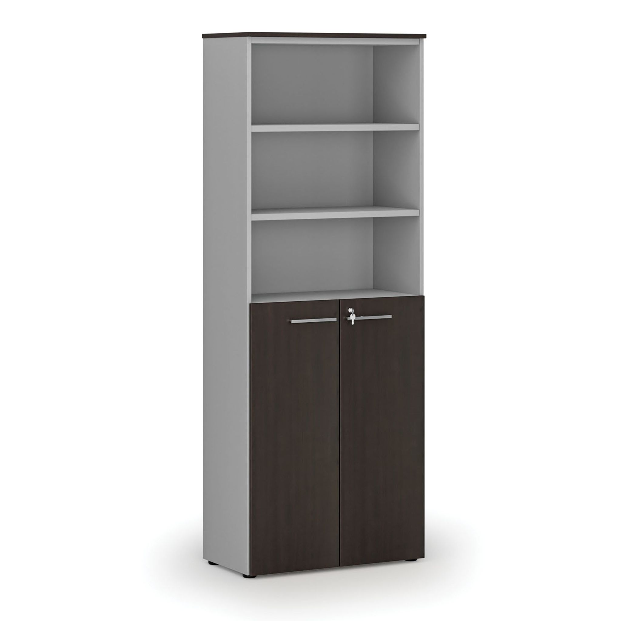 Büro-Kombischrank PRIMO GRAY, Tür auf 3 Etagen, 2128 x 800 x 420 mm, grau/Wenge