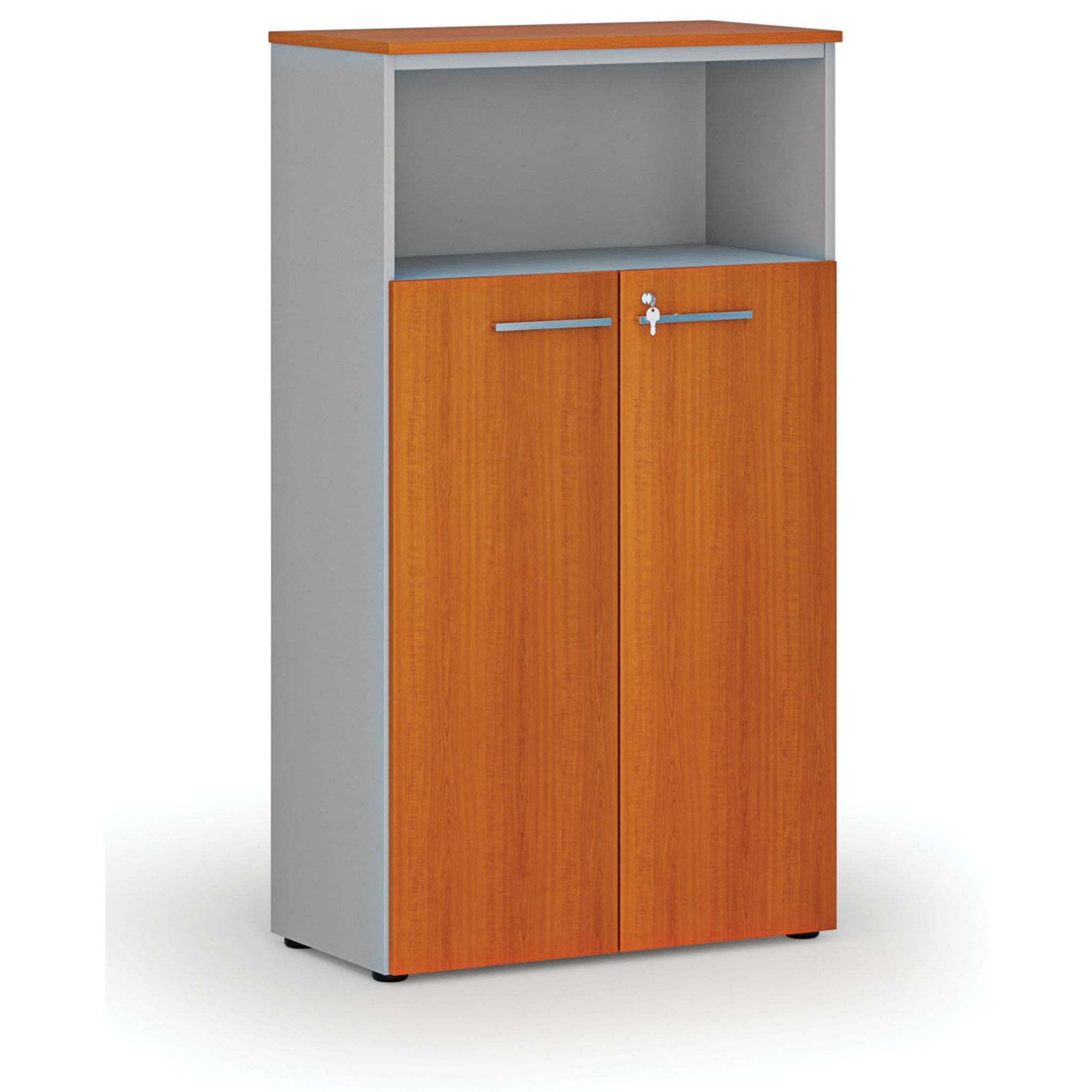 Büro-Kombischrank PRIMO GRAY, Tür auf 3 Etagen, 800 x 420 x 1434 mm, grau/Kirsche