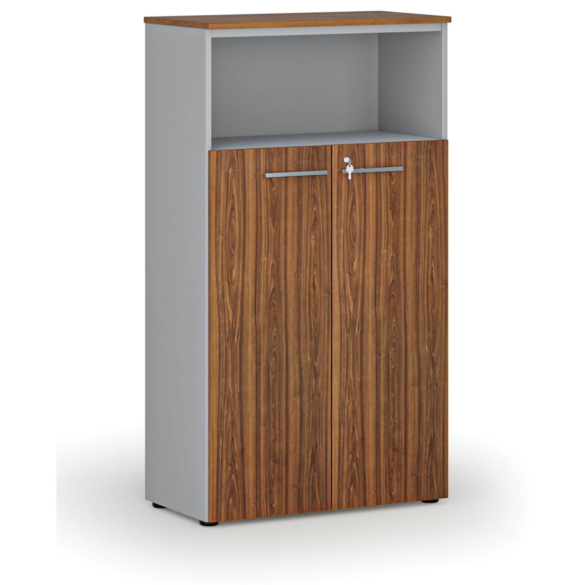 Büro-Kombischrank PRIMO GRAY, Tür auf 3 Etagen, 800 x 420 x 1434 mm, grau/Nussbaum